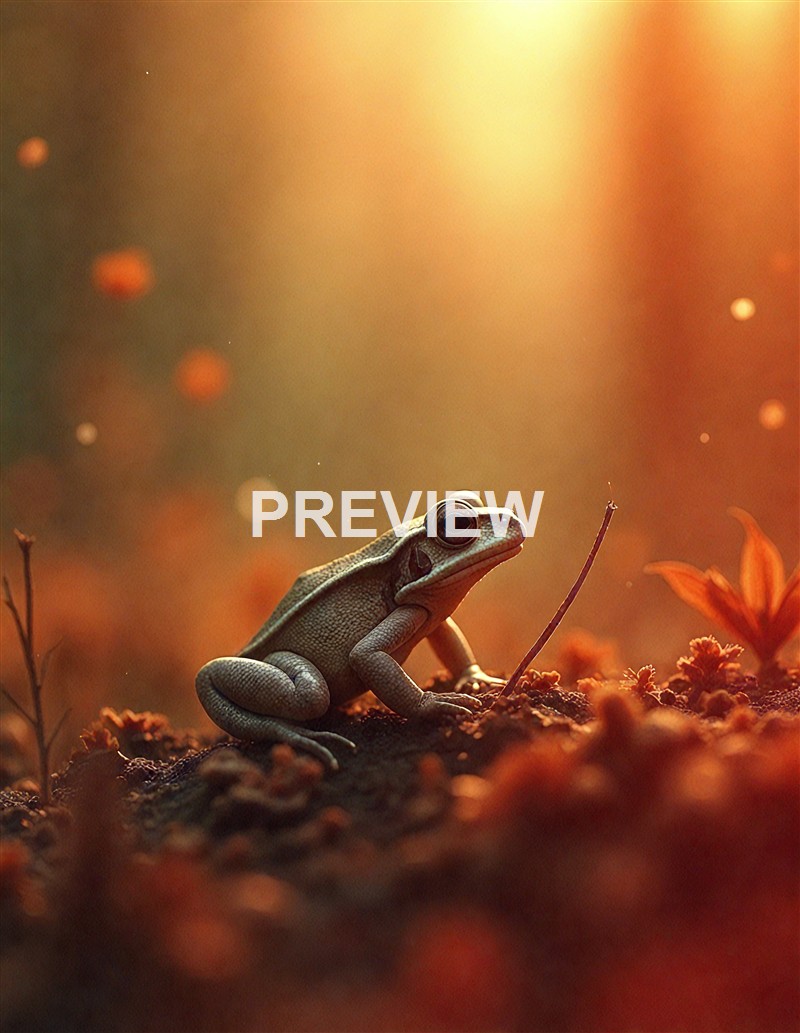 A detailed close-up of a small frog sitting on the ground amid orange and brown foliage, with a warm, glowing light in the background.